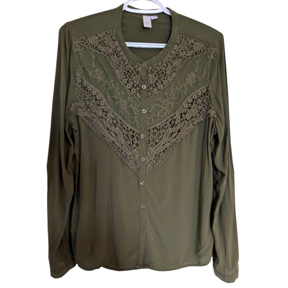 Mike End : Women's Green Long Sleeve Blouse with Lace  Size L